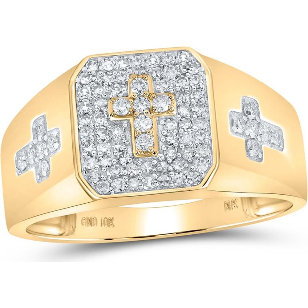 10K Yellow Gold Men’s Rectangular Signet Ring with Pavé Round Diamonds and Cross Design - 0.38 Carat Total Diamond Weight