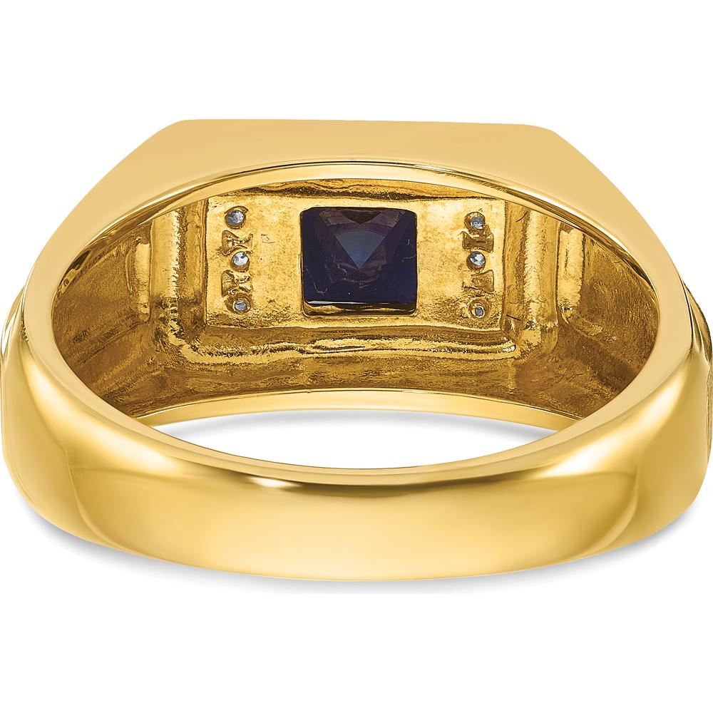 10K Yellow Gold Men’s Ring with Lab-Created Sapphire and Diamonds - 0.01 Carats Diamond Weight, 5mm Sapphire by IBGoodman