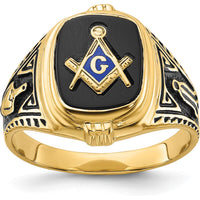10K Yellow Gold Men's Antiqued and Polished Onyx Masonic Ring with Cushion Cut Black Onyx Stone