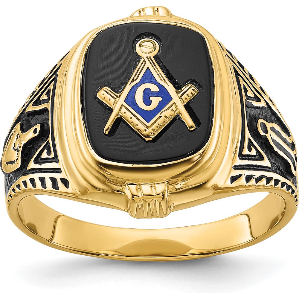 10K Yellow Gold Men's Antiqued and Polished Onyx Masonic Ring with Cushion Cut Black Onyx Stone