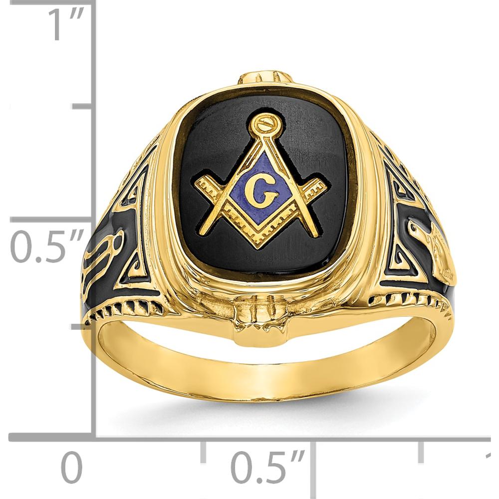 10K Yellow Gold Men's Antiqued and Polished Onyx Masonic Ring with Cushion Cut Black Onyx Stone