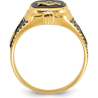 10K Yellow Gold Men's Antiqued and Polished Onyx Masonic Ring with Cushion Cut Black Onyx Stone