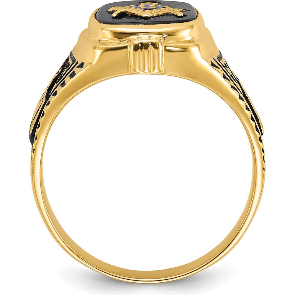 10K Yellow Gold Men's Antiqued and Polished Onyx Masonic Ring with Cushion Cut Black Onyx Stone