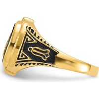 10K Yellow Gold Men's Antiqued and Polished Onyx Masonic Ring with Cushion Cut Black Onyx Stone