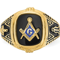 10K Yellow Gold Men's Antiqued and Polished Onyx Masonic Ring with Cushion Cut Black Onyx Stone