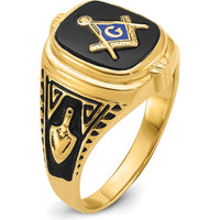 10K Yellow Gold Men's Antiqued and Polished Onyx Masonic Ring with Cushion Cut Black Onyx Stone