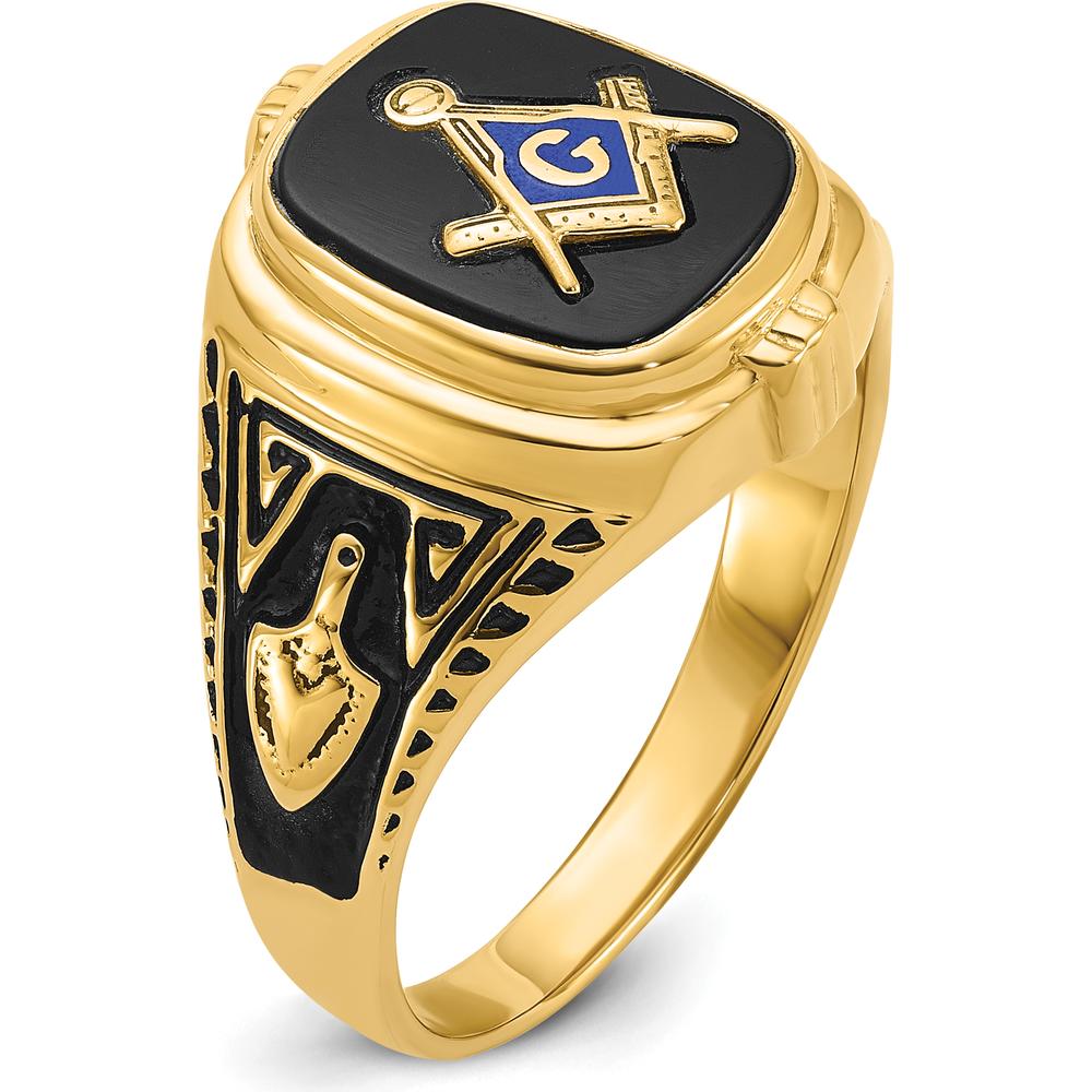 10K Yellow Gold Men's Antiqued and Polished Onyx Masonic Ring with Cushion Cut Black Onyx Stone