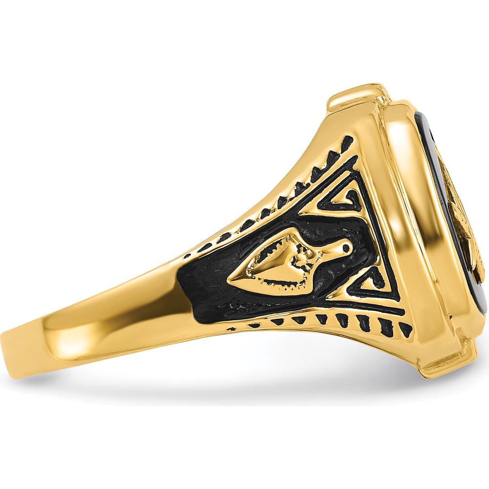 10K Yellow Gold Men's Antiqued and Polished Onyx Masonic Ring with Cushion Cut Black Onyx Stone
