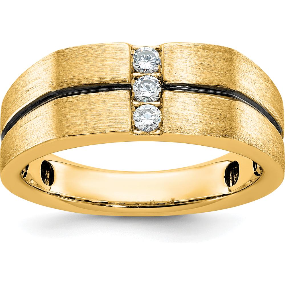 10K Yellow Gold Men's Band Ring with Satin Finish and 3 Round Diamonds - 0.07 Carats Total Diamond Weight by IBGoodman