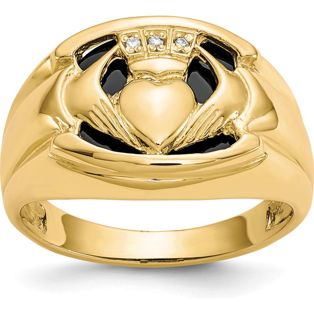 10K Yellow Gold Men's Claddagh Ring with Round Diamonds and Oval Black Onyx