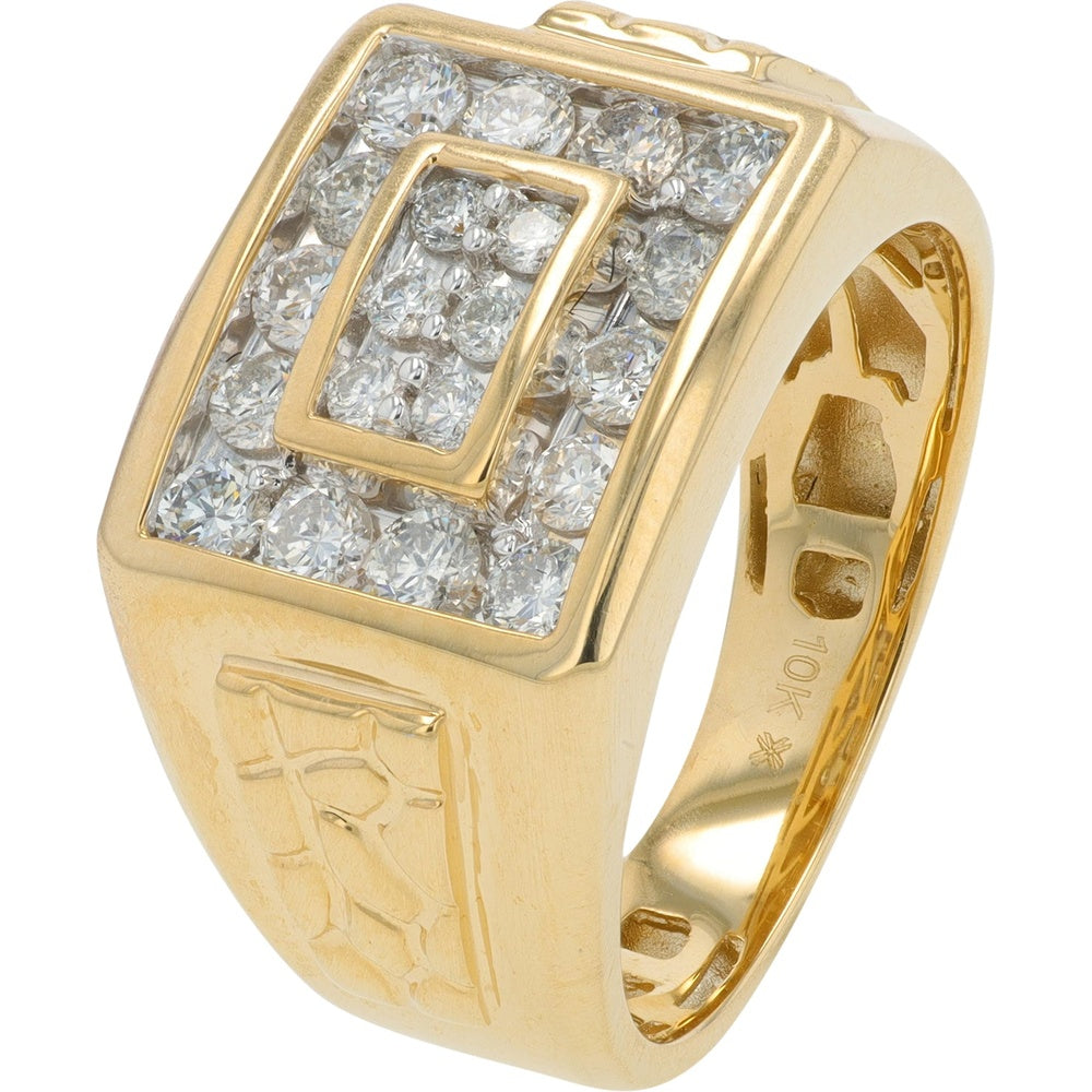 10K Yellow Gold Men's Contemporary Cluster Ring with Pavé-Set Round Diamonds - 1.00 Carat Total Diamond Weight