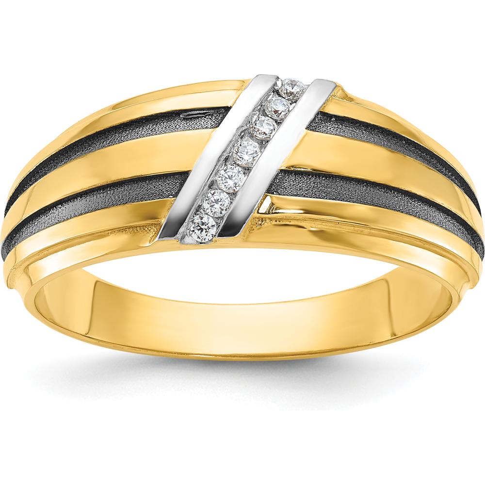 10K Yellow Gold Men's Diamond Ring with Polished Satin and Grooved Design - 0.01 Carats Total Diamond Weight by IBGoodman