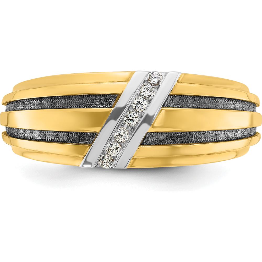 10K Yellow Gold Men's Diamond Ring with Polished Satin and Grooved Design - 0.01 Carats Total Diamond Weight by IBGoodman