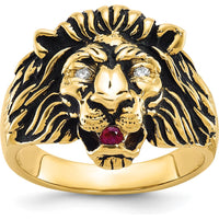 10K Yellow Gold Men's Lion Ring with Round Diamonds and Ruby - 0.10 Carats Total Weight by IBGoodman