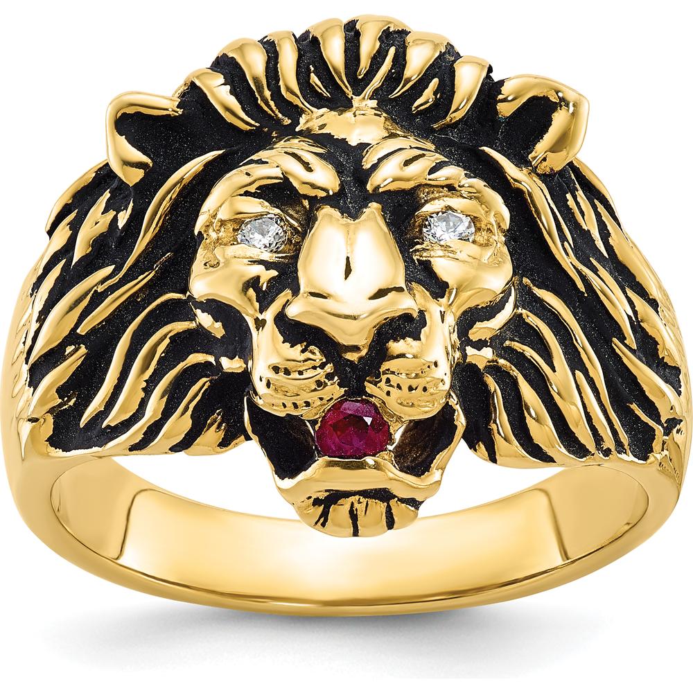 10K Yellow Gold Men's Lion Ring with Round Diamonds and Ruby - 0.10 Carats Total Weight by IBGoodman