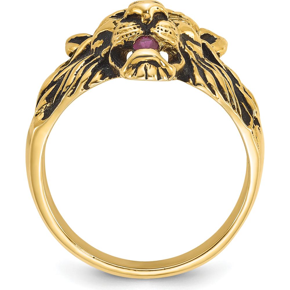 10K Yellow Gold Men's Lion Ring with Round Diamonds and Ruby - 0.10 Carats Total Weight by IBGoodman