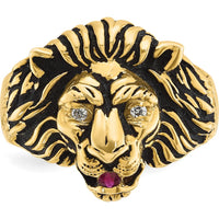10K Yellow Gold Men's Lion Ring with Round Diamonds and Ruby - 0.10 Carats Total Weight by IBGoodman