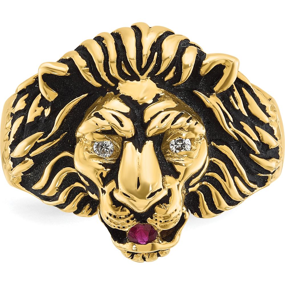 10K Yellow Gold Men's Lion Ring with Round Diamonds and Ruby - 0.10 Carats Total Weight by IBGoodman