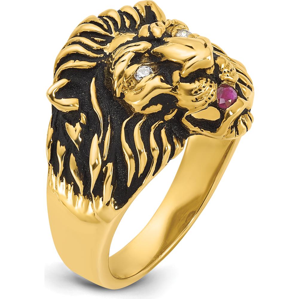10K Yellow Gold Men's Lion Ring with Round Diamonds and Ruby - 0.10 Carats Total Weight by IBGoodman