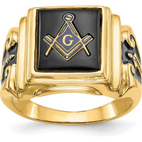 10K Yellow Gold Men's Masonic Ring with Black Enamel and Cushion-Cut Onyx - 12x10mm