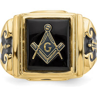 10K Yellow Gold Men's Masonic Ring with Black Enamel and Cushion-Cut Onyx - 12x10mm