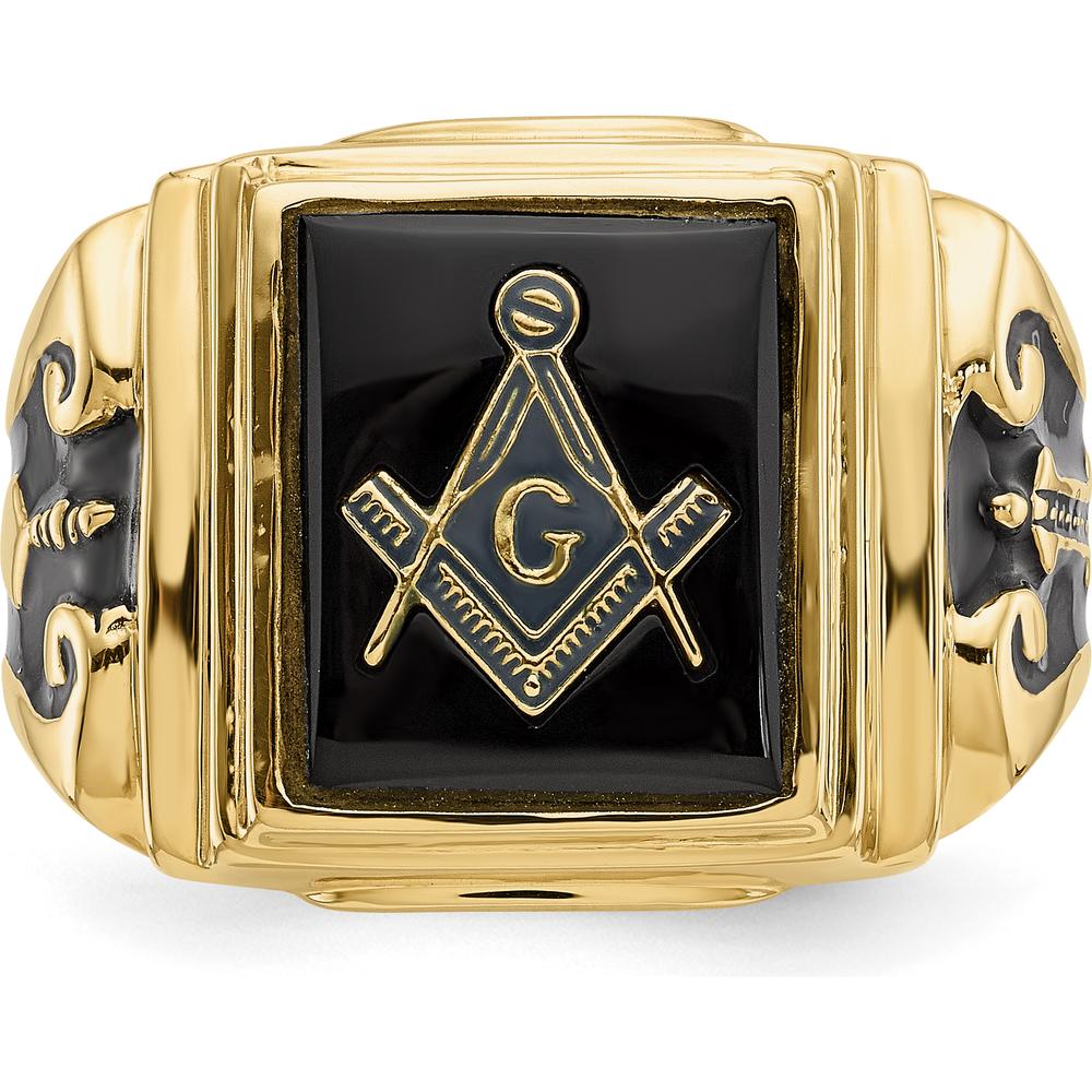 10K Yellow Gold Men's Masonic Ring with Black Enamel and Cushion-Cut Onyx - 12x10mm