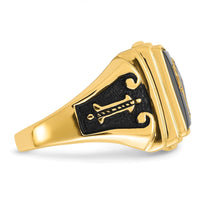 10K Yellow Gold Men's Masonic Ring with Black Enamel and Cushion-Cut Onyx - 12x10mm