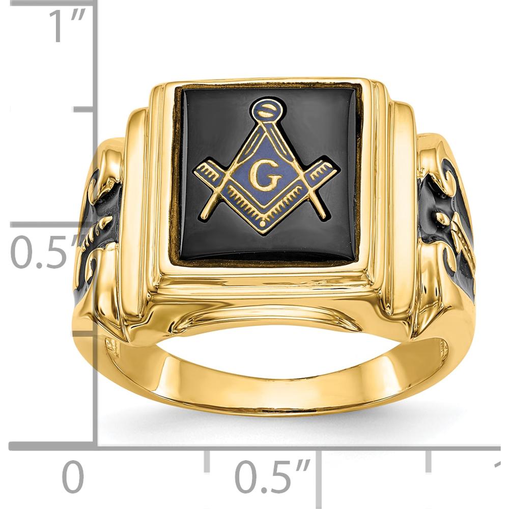 10K Yellow Gold Men's Masonic Ring with Black Enamel and Cushion-Cut Onyx - 12x10mm