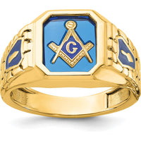10K Yellow Gold Men's Masonic Ring with Blue Enamel and Lab-Created Sapphire - 12x10mm Octagonal Emerald Cut by IBGoodman
