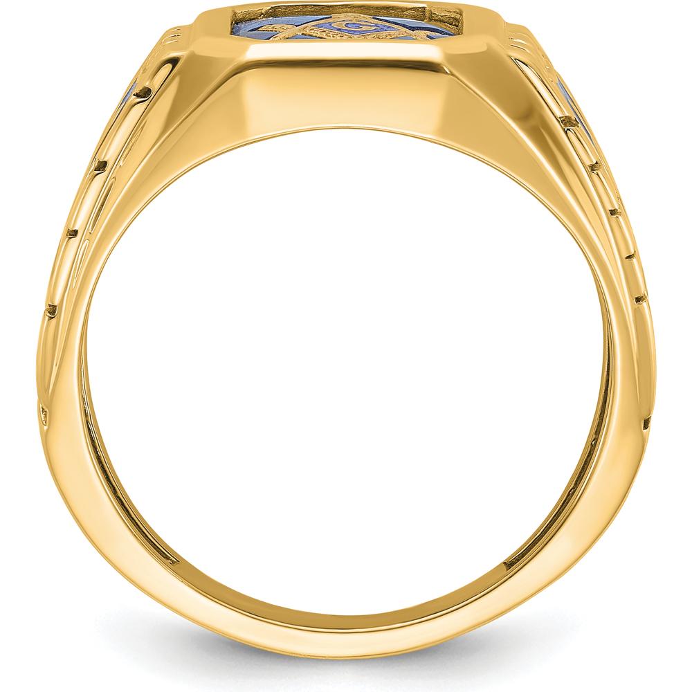 10K Yellow Gold Men's Masonic Ring with Blue Enamel and Lab-Created Sapphire - 12x10mm Octagonal Emerald Cut by IBGoodman
