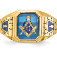 10K Yellow Gold Men's Masonic Ring with Blue Enamel and Lab-Created Sapphire - 12x10mm Octagonal Emerald Cut by IBGoodman