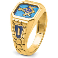 10K Yellow Gold Men's Masonic Ring with Blue Enamel and Lab-Created Sapphire - 12x10mm Octagonal Emerald Cut by IBGoodman