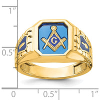 10K Yellow Gold Men's Masonic Ring with Blue Enamel and Lab-Created Sapphire - 12x10mm Octagonal Emerald Cut by IBGoodman