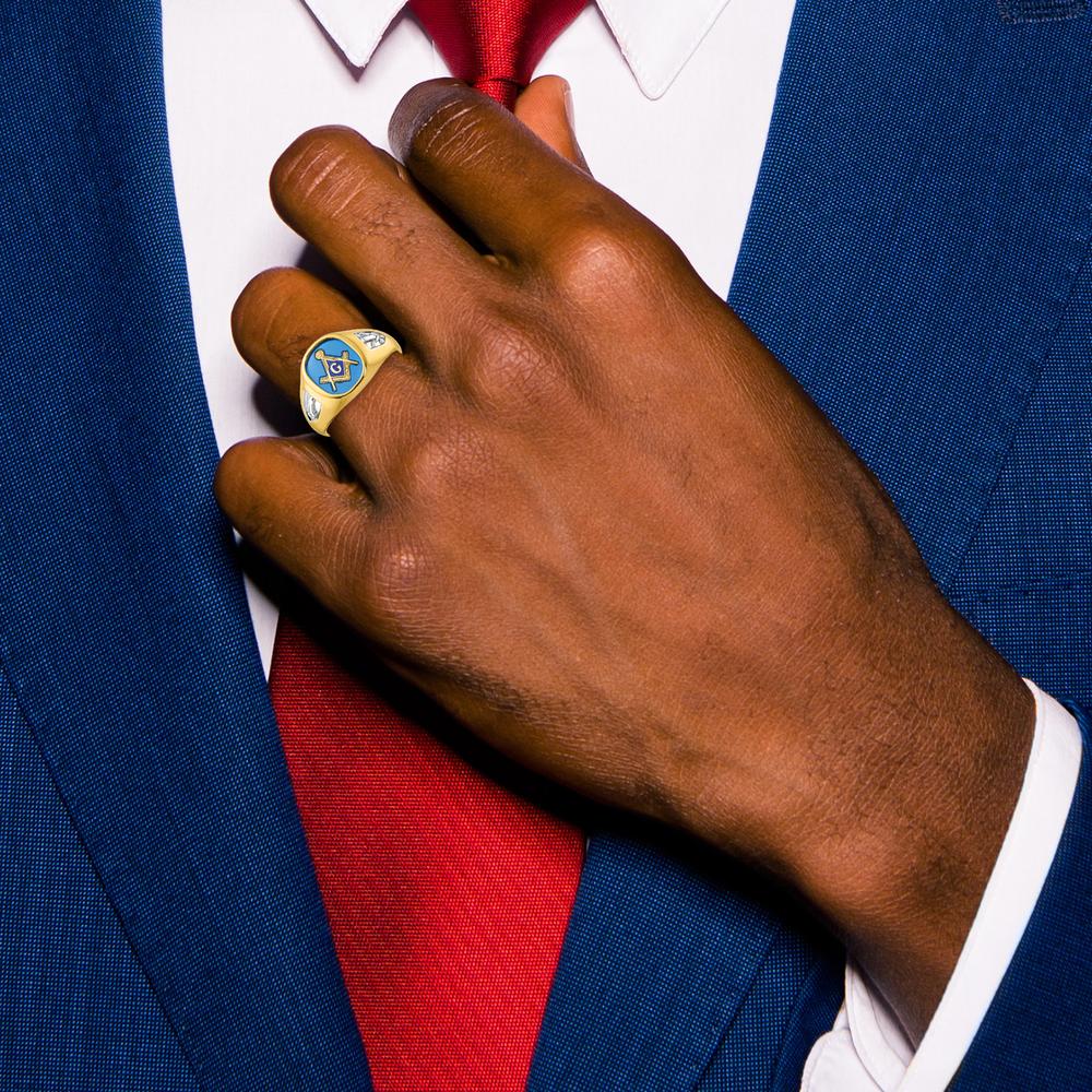 10K Yellow Gold Men's Masonic Ring with Cushion-Cut Lab Created Blue Spinel - 12x10mm by IBGoodman
