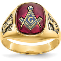 10K Yellow Gold Men's Masonic Ring with Lab Created Cushion Cut Ruby and Black Enamel Detail