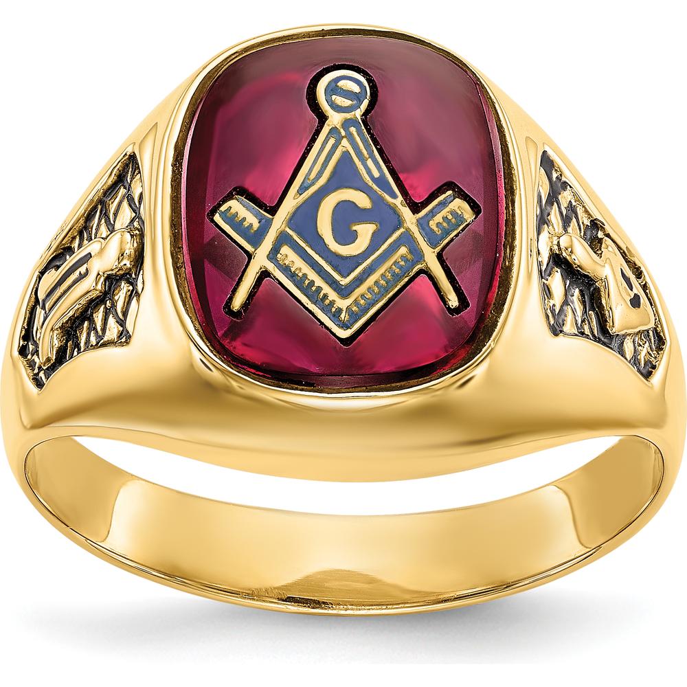 10K Yellow Gold Men's Masonic Ring with Lab Created Cushion Cut Ruby and Black Enamel Detail