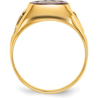 10K Yellow Gold Men's Masonic Ring with Lab Created Cushion Cut Ruby and Black Enamel Detail