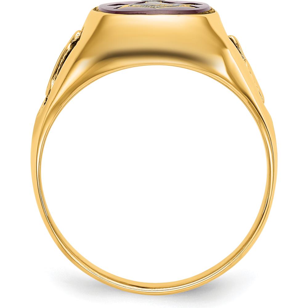 10K Yellow Gold Men's Masonic Ring with Lab Created Cushion Cut Ruby and Black Enamel Detail