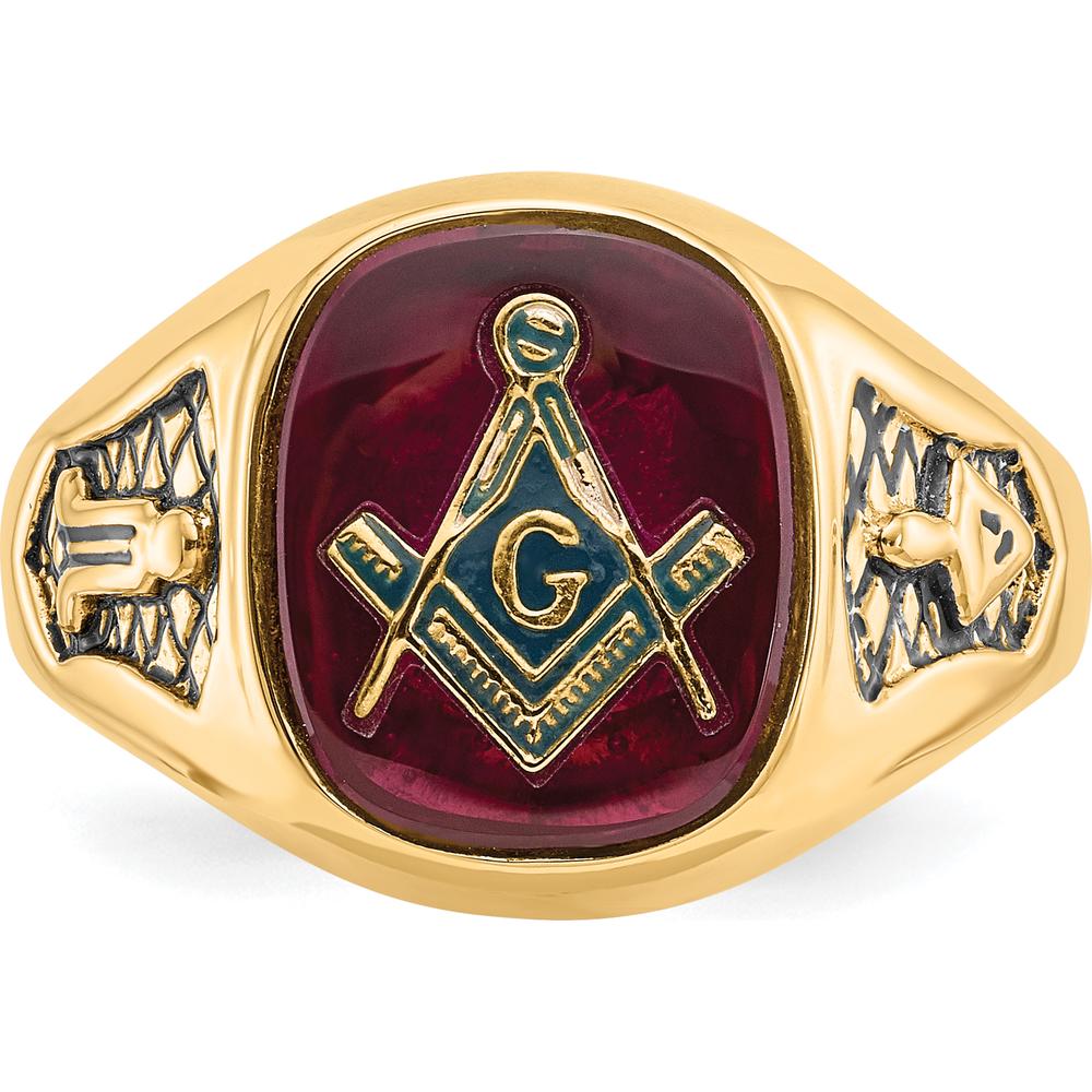 10K Yellow Gold Men's Masonic Ring with Lab Created Cushion Cut Ruby and Black Enamel Detail