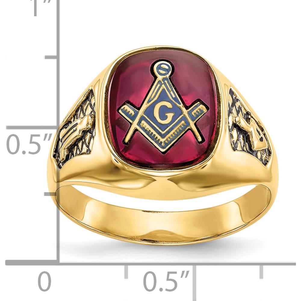 10K Yellow Gold Men's Masonic Ring with Lab Created Cushion Cut Ruby and Black Enamel Detail