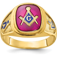 10K Yellow Gold Men's Masonic Ring with Lab Created Cushion Ruby and Blue Enamel - 12x10 mm by IBGoodman