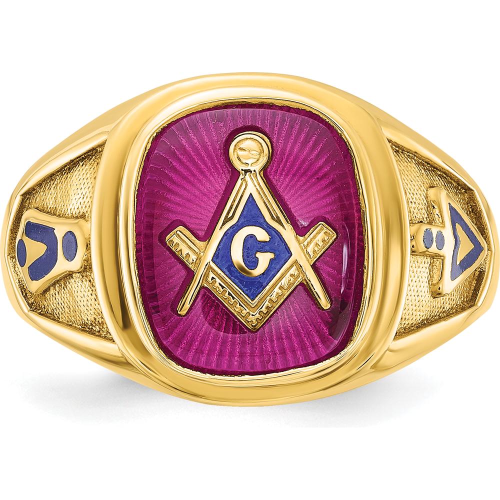 10K Yellow Gold Men's Masonic Ring with Lab Created Cushion Ruby and Blue Enamel - 12x10 mm by IBGoodman