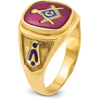 10K Yellow Gold Men's Masonic Ring with Lab Created Cushion Ruby and Blue Enamel - 12x10 mm by IBGoodman