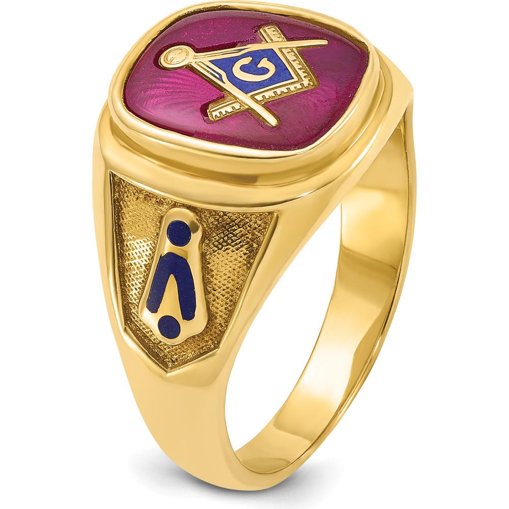 10K Yellow Gold Men's Masonic Ring with Lab Created Cushion Ruby and Blue Enamel - 12x10 mm by IBGoodman