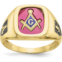 10K Yellow Gold Men's Masonic Ring with Lab-Created Ruby and Black Enamel Accents