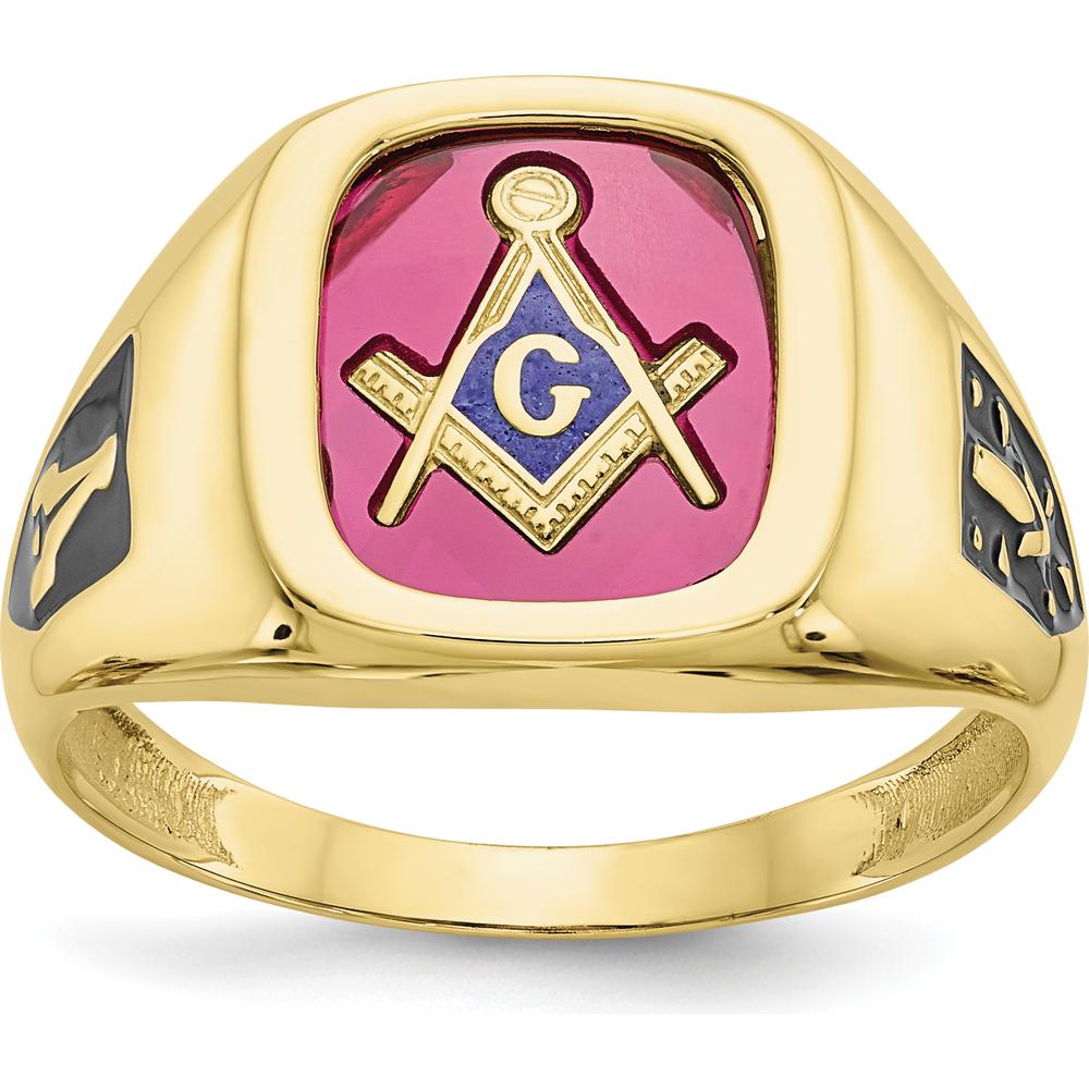 10K Yellow Gold Men's Masonic Ring with Lab-Created Ruby and Black Enamel Accents