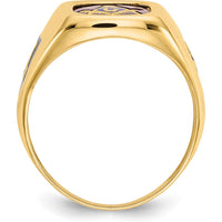 10K Yellow Gold Men's Masonic Ring with Lab-Created Ruby and Black Enamel Accents