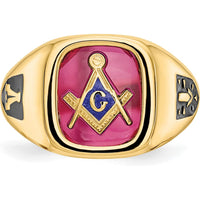 10K Yellow Gold Men's Masonic Ring with Lab-Created Ruby and Black Enamel Accents
