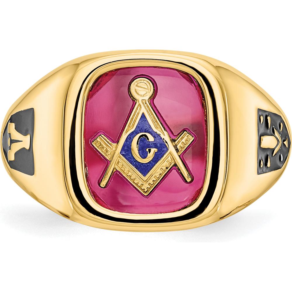 10K Yellow Gold Men's Masonic Ring with Lab-Created Ruby and Black Enamel Accents