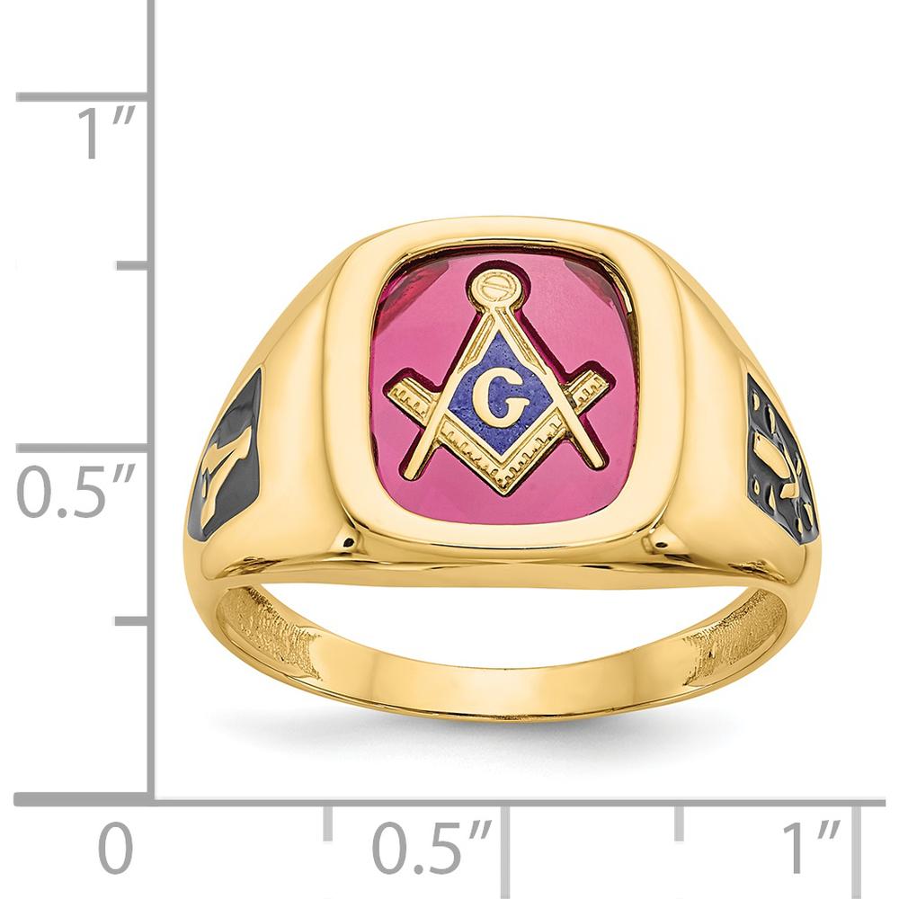 10K Yellow Gold Men's Masonic Ring with Lab-Created Ruby and Black Enamel Accents